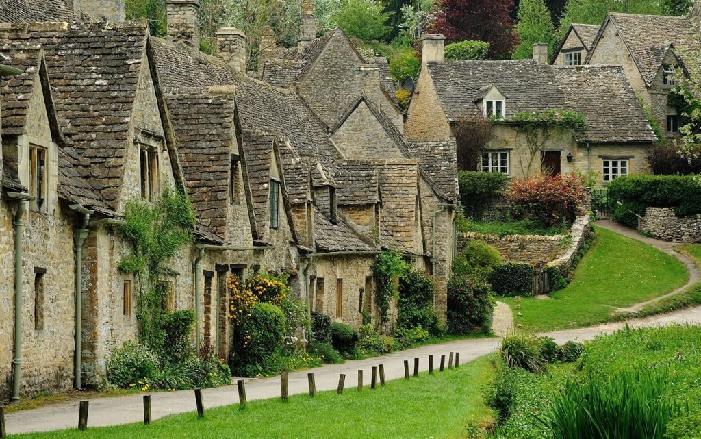 Stone cottages along a lane in a small village